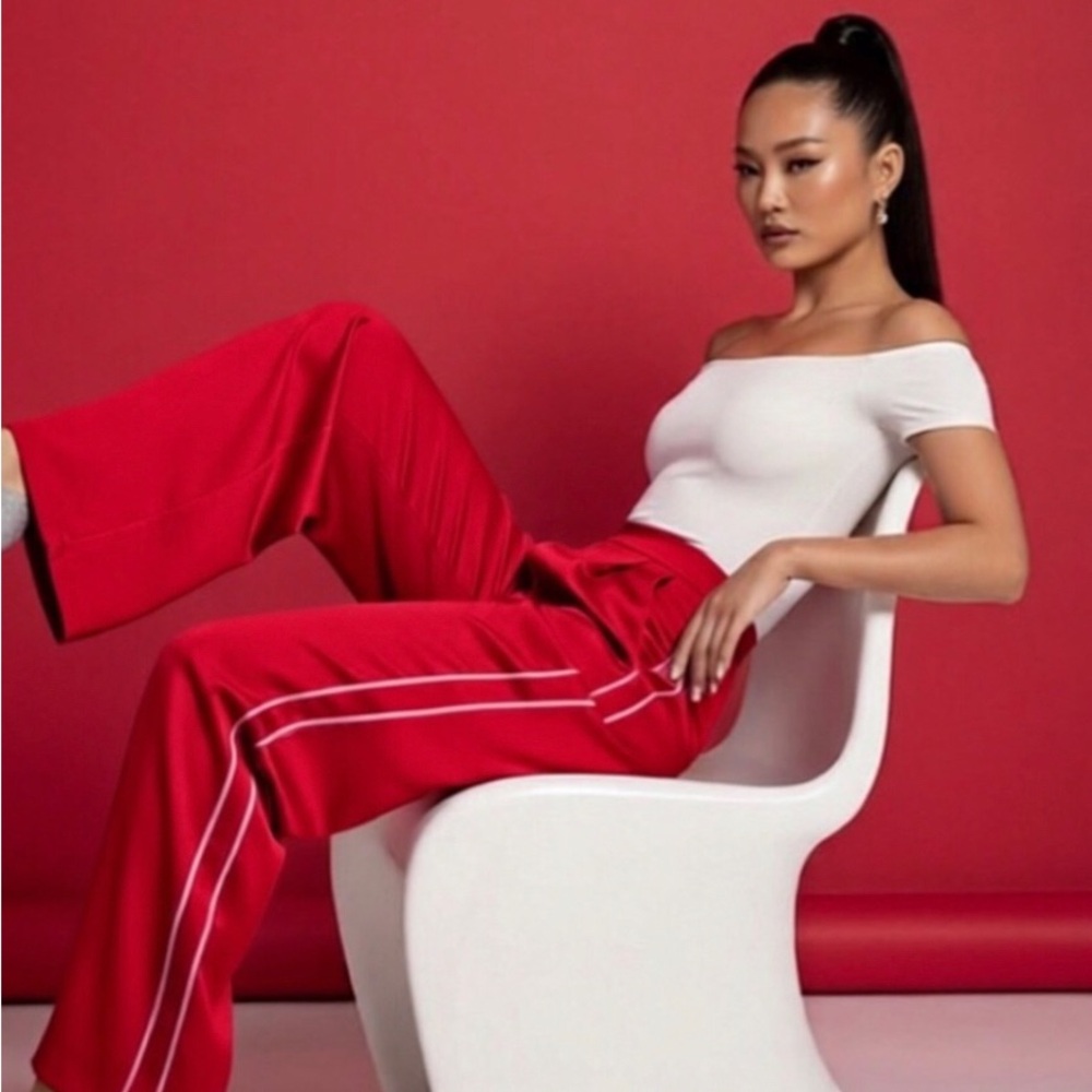 PERFECT Spring  Ramy Brook LaraSatin Red Straight Leg Pants pink pipping.